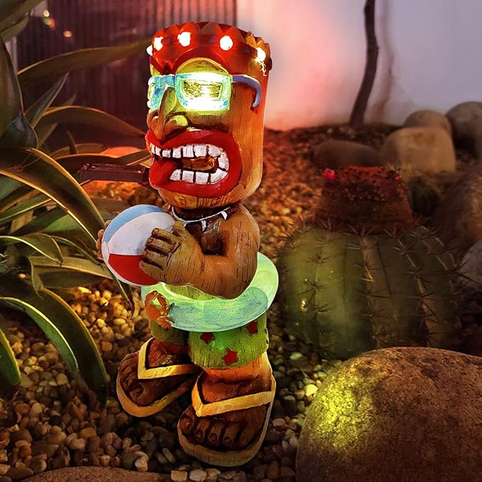 Large Float Tiki Garden Statue,Funny Tiki Decor Figurine with Multi-Color Changing Solar Lights,Hawaiian Tiki Man Outdoor Patio Yard Lawn Bar Party Beach Pool Decoration,Christmas Ornament Gift