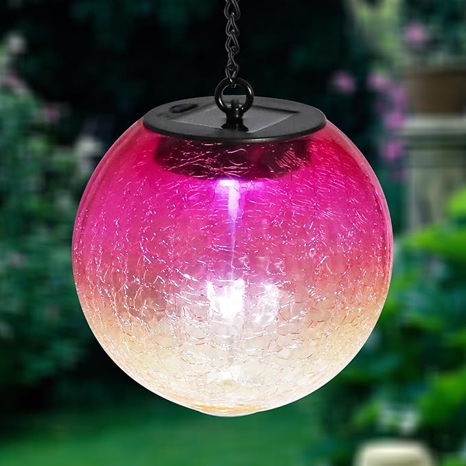 Hanging Solar Lights Outdoor Solar Lanterns Outdoor Decorative Cracked Glass Ball Lights Solar Powered Waterproof LED Globe Lantern for Outdoor Porch Patio Garden Decor Gift Red