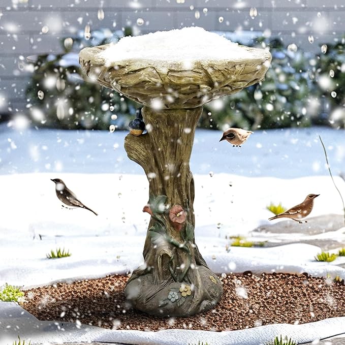SKYFIRE 25.5” H Concrete Birdbaths for Outdoors -Large Woodland Tree Trunk Yard Statue Decoration，Vintage Birdbath with Bird Figurines Yard Statue for Garden, Patio, Lawn, Backyard