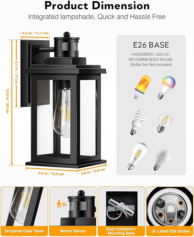 VIANIS Motion Sensor Outdoor Light, 2 Packs Exterior Lights for House, Black Waterproof Dusk to Dawn Outside Porch Lights Lantern for Garage Patio Doorway,Distance Adjustable(Hardwired, not Solar)