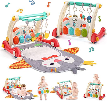 CUTE STONE Baby Gym Play Mat & Learning Walker, Activity Mat with Play Piano, Musical Activity Center with Lights, Baby Push Walkers & Tummy Time Mat for Infant Newborn Toddlers