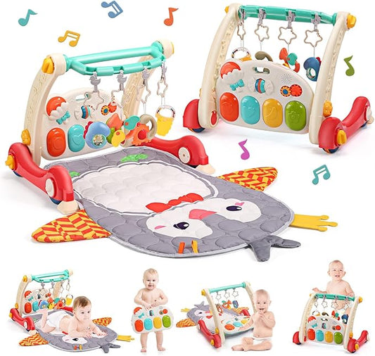 CUTE STONE Baby Gym Play Mat & Learning Walker, Activity Mat with Play Piano, Musical Activity Center with Lights, Baby Push Walkers & Tummy Time Mat for Infant Newborn Toddlers