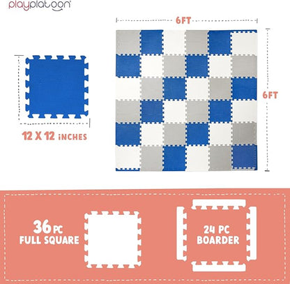 Play Platoon Non-Toxic Foam Puzzle Floor Mat, Comfortable, Extra Thick, Cushiony Exercise and Play Mat for Toddlers, Kids & Adults, 36 Tiles (12"x12"), Grey/Cream/Navy