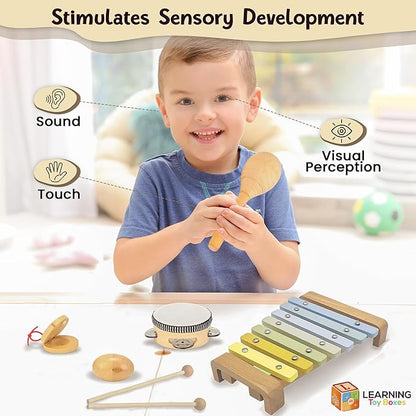 Natural Wood Baby Toys - Musical Toys for Toddlers 1-3: Toddler Musical Instruments Set of 5 in 1, with a Tambourine, Egg Shaker, Castanet, Maracas and Xylophone for Kids at All Ages