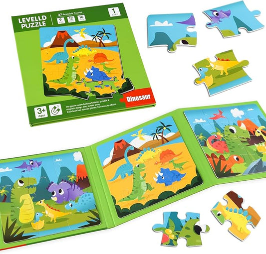 ASTARON Magnetic Puzzles for Toddlers, 16-20-25 Pieces Dinosaur Land Learning Magnet Puzzles for Road Trip, Educational Travel Toys Car Plane Activities for Kids, Kids Birthday Gifts