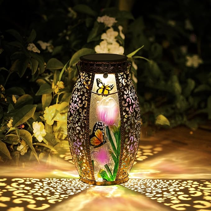Solar Lanterns Outdoor Hanging Light - Solar Powered LED Butterfly Glass Lights Decorative Waterproof Tabletop Lampwith Hollowed-Out Design for Indoor Yard Table Patio Garden Pathway Holiday