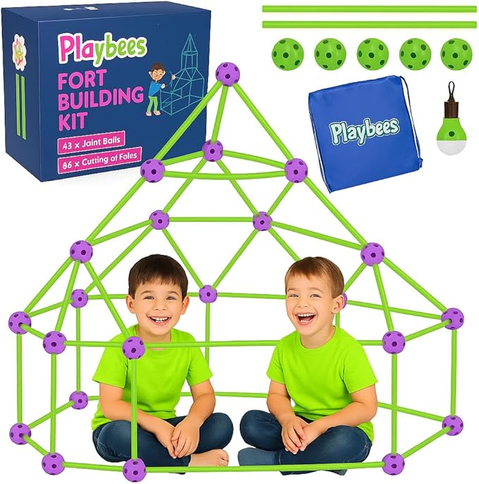 Playbees Fort Building Kit with Rods and Connectors- 145 Pieces - Ages 4-8, 8-12 STEM Building Toy, Construction Set for Kids, Indoor Outdoor Play Tent, DIY Castle, Birthday Gift