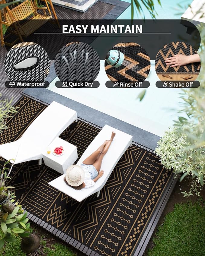 Outdoor Rug Carpet Waterproof 6x9 ft Patio Rug Mat Indoor Outdoor Area Rug for RV Camping Picnic Reversible Lightweight Plastic Straw Outside Rug for Patio Decor Decoration Boho Rug Black Brown