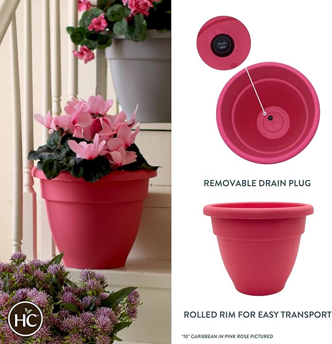 The HC Companies Caribbean Planter Pot - Outdoor & Indoor Plant Pot with Drainage Hole & Plug - Rolled Rim Plastic Pots for Plants & Flowers - Decorative Plant Pot (16" Pink Rose, Pack of 2)