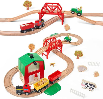 Giant bean 42PCS Wooden Farm Train Set for Toddler, Battery Operated Train Railway Track with Bridge, Barn, Animals,Tractor Cargo, Compatible with Most Brand,Toy Gift for Kids Boys Girls Age 3-8