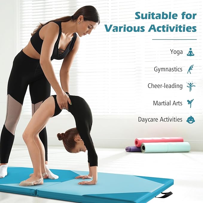 Giantex 4'x10'x 2" Gymnastics Mat, 4-Panel Folding Aerobics Exercise Mat w/Hook & Loop Fastener, Carrying Handle, Portable Tumbling Mat for Stretching Yoga Cheerleading Martial Arts