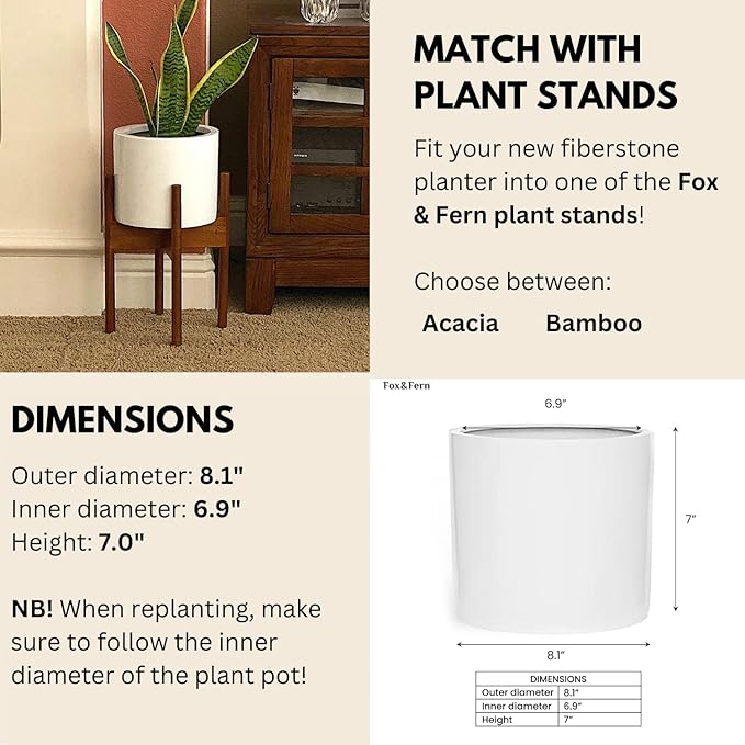 Fox & Fern 8 Inch Plant Pot with Drainage Plug — Premium Lightweight Fiberstone Glossy White Planter; Indoor & Outdoor Planter; 8 Inch Pots for Plants; Weather Resistant & UV Resistant