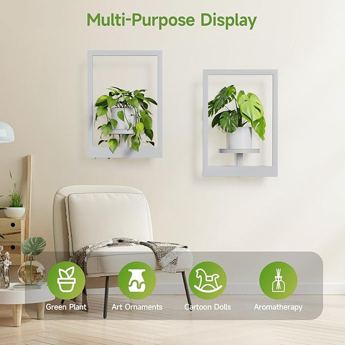 Picture Frame Wall Plant Holder, Metal Window Plant Shelves Plant Holder for Indoor Plants, Hanging Wall Planters Wall-Mounted Plant for Home, Office, and Garden (White, 2PCS)
