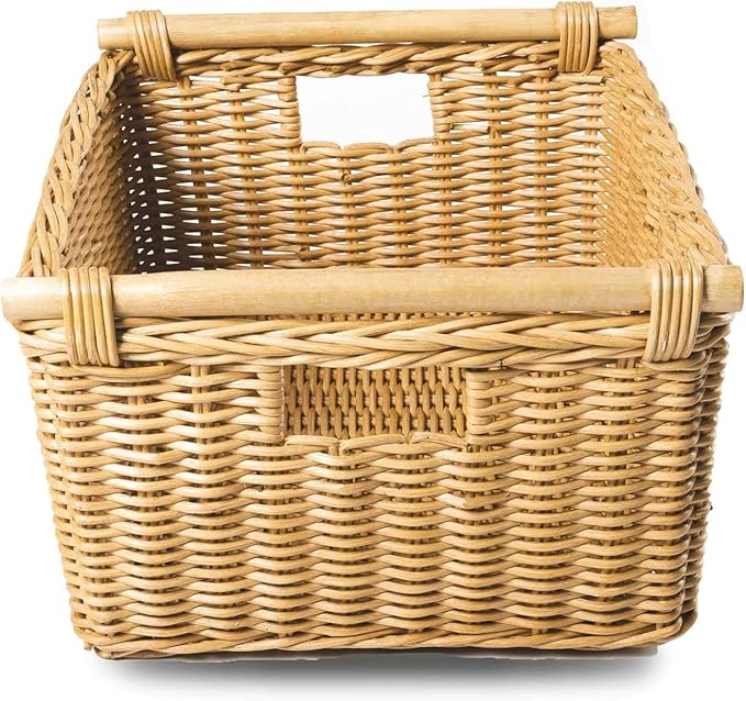 The Basket Lady Pole Handle Wicker Storage Basket, Medium, 16 in L x 12 in W x 8.25 in H, Sandstone