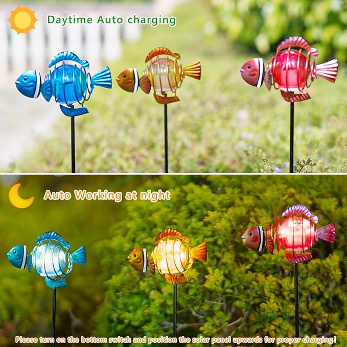Garden Solar Lights,21.3''H 3Pack Clownfish Outdoor Figurine Lights,Waterproof Garden Decor with Led Lights, Decorative Garden Stake for,Yard,Patio,Lawn