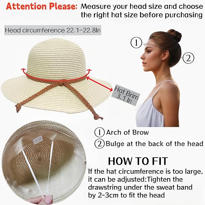 Beach Sun Straw Hats for Women, Summer Sun Protection Foldable Packable Wide Brim Hat
