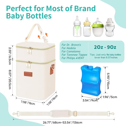 PIIOSER Baby Bottle Tote Bag with Ice Pack, Fits 4 Baby Bottles Up to 9 Ounce, Small Insulated Breastmilk Cooler Travel Bag with Shoulder Strap for Nursing & Working Mom Daycare (Cream-S)