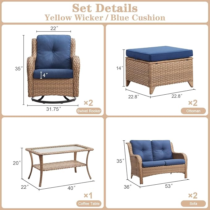 Wicker Outdoor Furniture Patio Furniture Set - 6 Piece Patio Conversation Set with Swivel Rocker Chairs, Loveseat Sofa, Ottomans and Coffee Table, Blue Cushion
