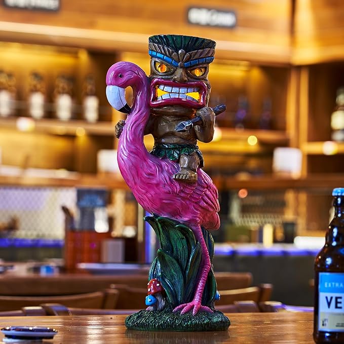 Solar Tiki Statue - Outdoor Statue - Solar Powered Garden Figurine Tiki Decoration for Bar, Patio, Balcony, Yard, Lawn, Table, Riding a Flamingo 13.66 Inches Tall