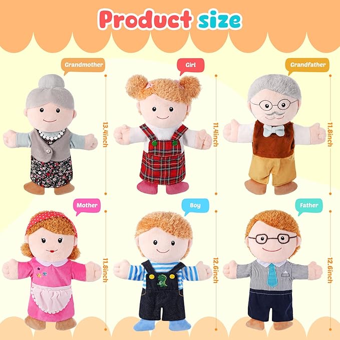 6 Pcs Family Hand Puppets 12 Inch Grandparents, Mom & Dad, Brother & Sister Plush Hand Puppet Toys Role-Play Toy Puppets for Kids Storytelling Imaginative Pretend Play Teaching Preschool(6 Family D)