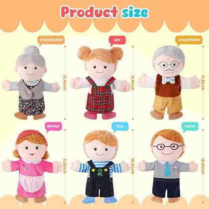 6 Pcs Family Hand Puppets 12 Inch Grandparents, Mom & Dad, Brother & Sister Plush Hand Puppet Toys Role-Play Toy Puppets for Kids Storytelling Imaginative Pretend Play Teaching Preschool(6 Family D)