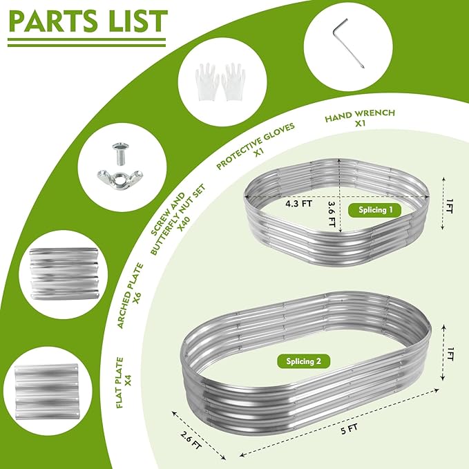 60X32X12 Inches Oval Galvanized Metal Garden Raised Bed/Plant Box for Planting,32 Inches Diameter Iron Fire Pit Ring,Small Animal Fence-3 in 1 Modular Design in Silver (5X2.7X1 FT, Oval)