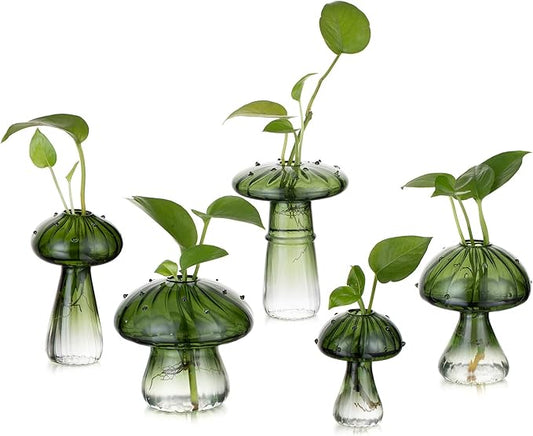 Glasseam Mushroom Plant Propagation Stations: Green Glass Terrarium Jar Set of 5 Cute Planters for Indoor Plants Mini Propagate Station Unique Christmas Birthday Gifts for Women Home Office Decor