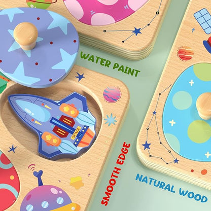 Wooden Puzzles for Toddlers, 8 Pcs Space Matching Egg Puzzle, Solar System for Kids, Montessori Toys for Boy Girl Easter Birthday Gifts, Educational Toys for Boys, Girls