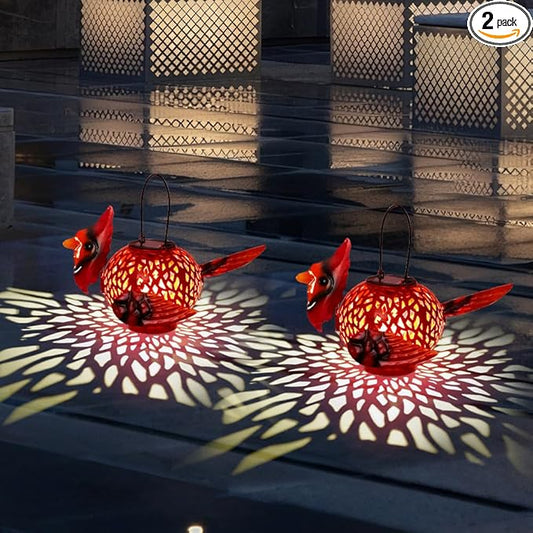 2 Pack Cardinal Solar Lanterns Outdoor Hanging with Handle, Metal Tabletop Solar Lanterns Outdoor Waterproof, LED Light Solar Lantern for Table Pathway Patio Yard Christmas Gifts