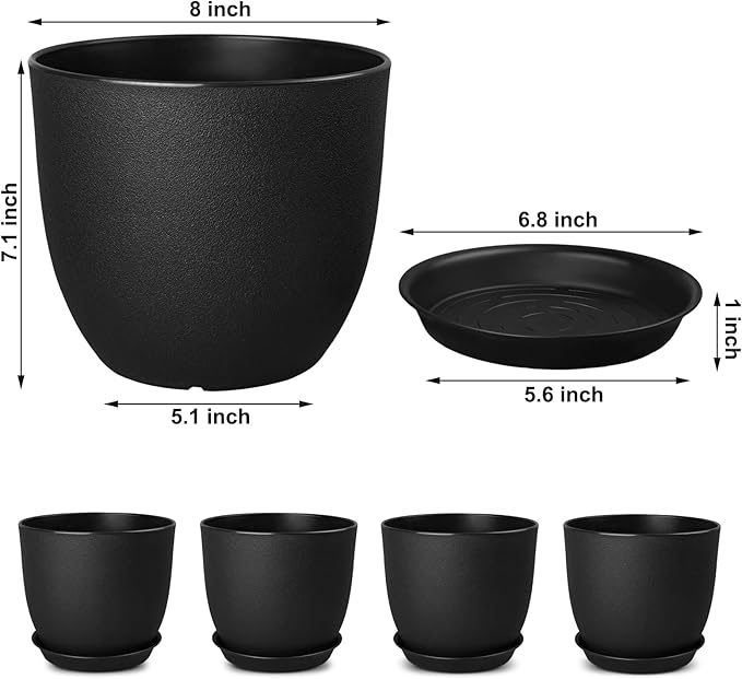 8 inch Plant Pots Set of 4 Pack, Plastic Planters with Drainage Holes and 4 Saucers, Morden Decorative Creation Flower Pots for Indoor & Outdoor Garden House Plants, Black