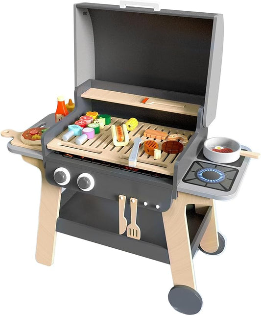 Kids BBQ Grill Playset Toy for Toddlers & Children Ages 3-8, Wooden Outdoor Indoor Pretend Play Cooking Toys with Toy Food and Grilling Tools, for Girls & Boys