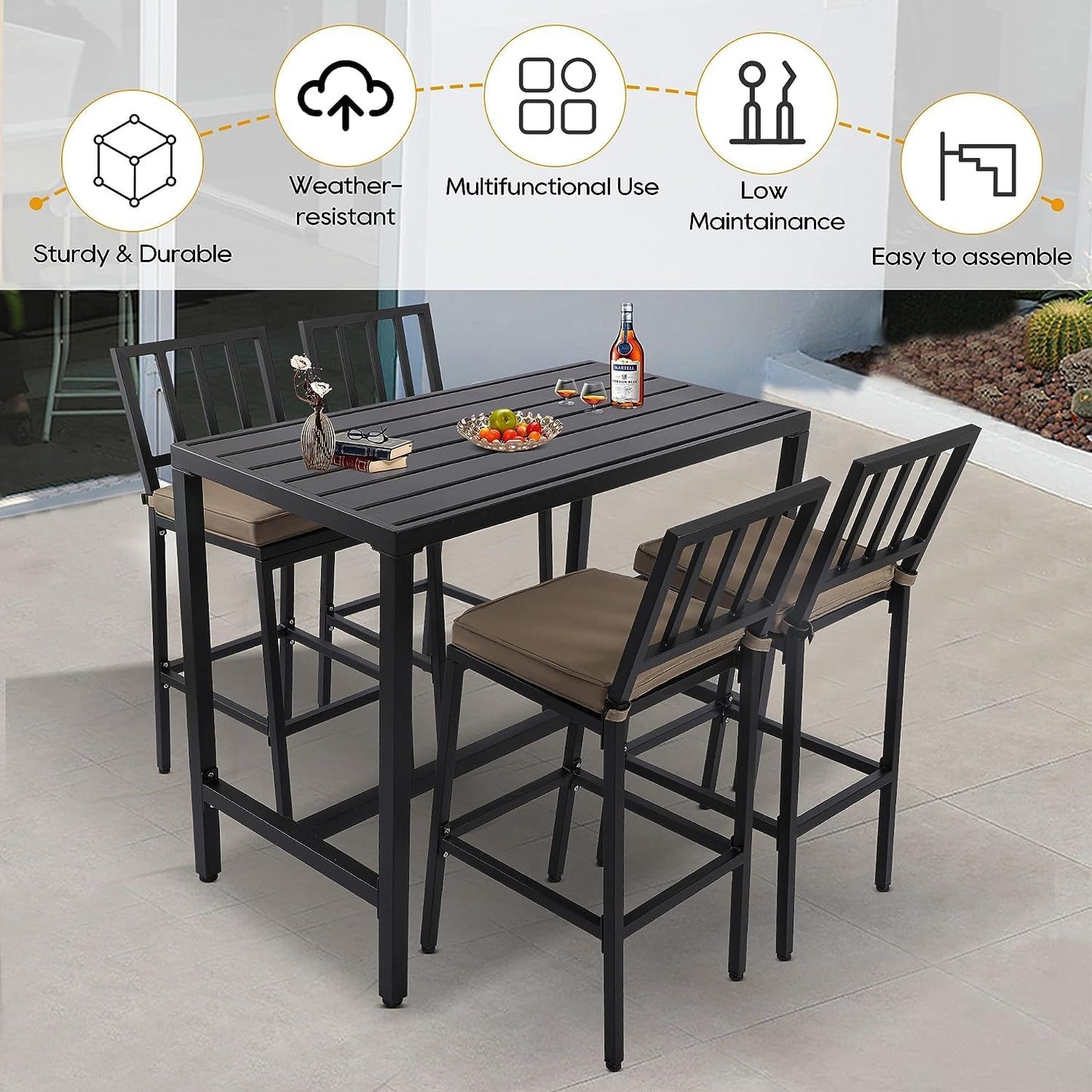 Outdoor Patio Bar Set, Bar Height Patio Dining Set, Weather-Resistant Bistro Counter Pub Set with Cushions & Slatted Tabletop for Backyard