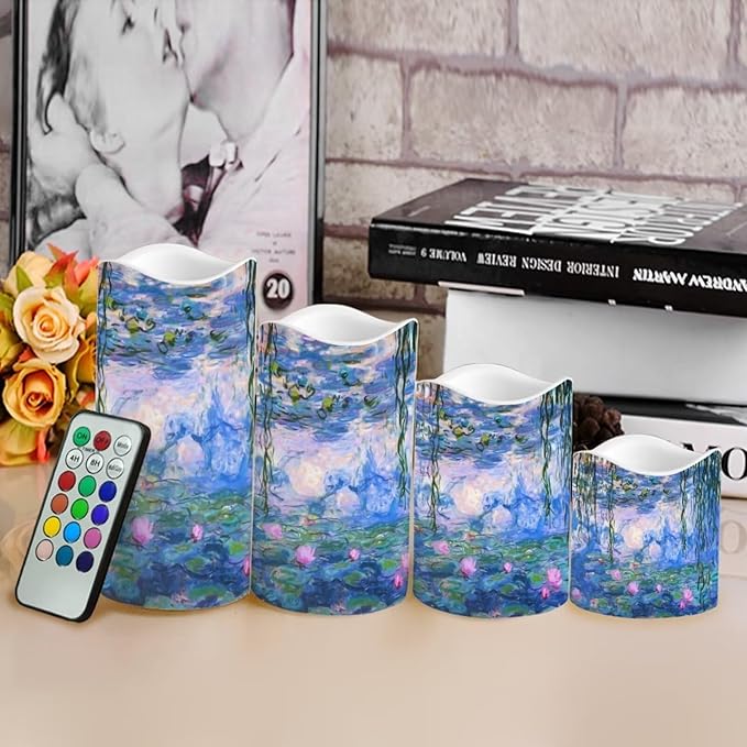 Ystardream Monet's Water Lily Flameless Candles with Timer Led Candles Flickering 4 Candle Sets for Home Decor,18 Key Remote Control，Dancing Flame, True Wax, Battery Powered.