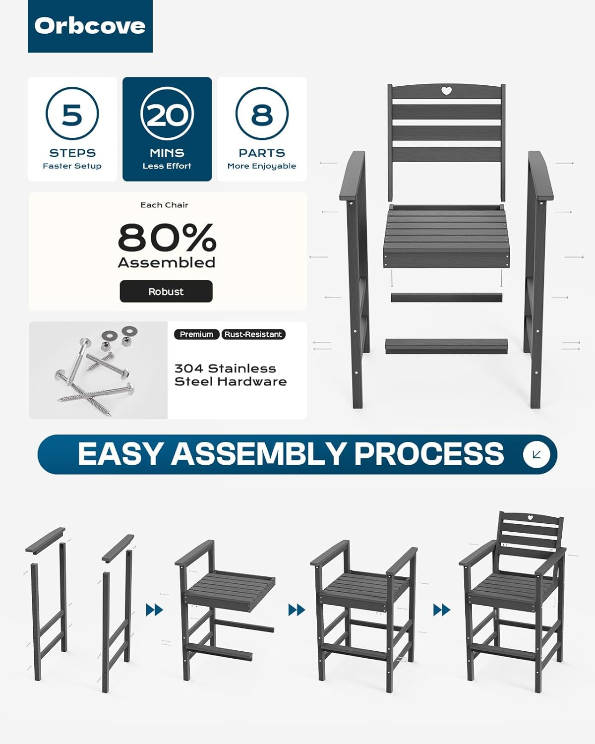 Tall Adirondack Chairs Set of 2, HDPE Wood Balcony Adirondack Chairs Set with Heart Cutout Design, Weather-Resistant Bar Height Furniture for Deck, Porch, Pool (Grey)