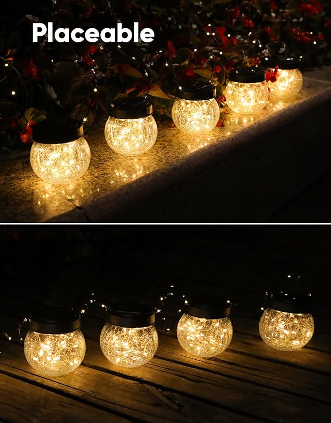 Solar Lantern Solar Lights Outdoor Waterproof 2-Pack, Solar Powered Hanging Lights Cracked Glass Hanging Globes for Christmas Decoration, Shepherd Hook, Garden Tree Ornaments