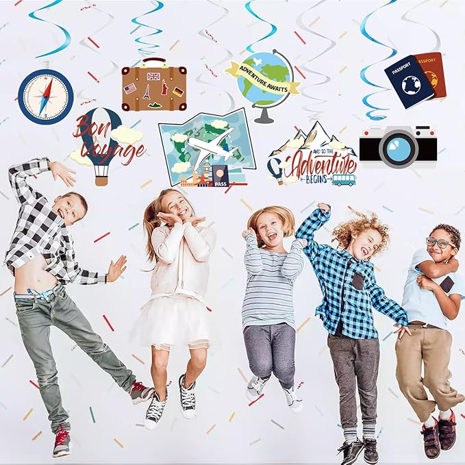 30PCS Travel Themed Hanging Swirl Party Decorations, Adventure Awaits Bon Voyage Signs Party Supplies for Birthday Party Retirement Party Farewell or Wedding Bachelorette Baby Shower Classroom Decor