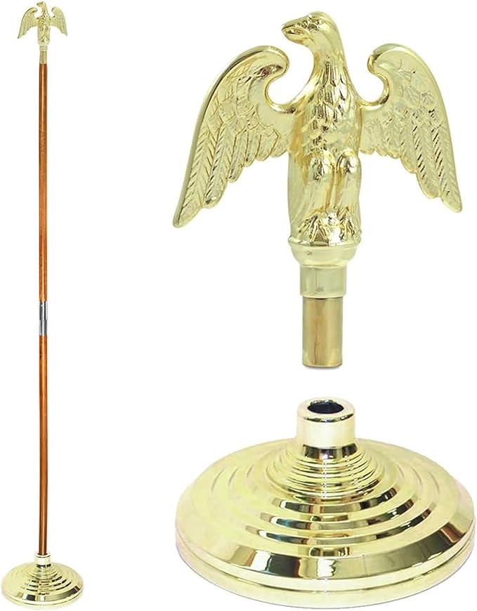 Super Tough Indoor Flag Pole kit 7ft - Metal Eagle - Gold Texture Base - Aluminum Flagpole with Brass Finish - Heavy Duty Inside House Flagstaff - Interior Shaft and Stand - No Ensign Included