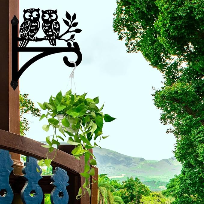 peacoblue Iron Plant Hangers Hooks for Outdoor Indoor Hanging Plants Flower Fern Pots Lantern Bird Feeder Wind Chimes, 12"x14" Owl Weather Resistant Metal Wall Holder for Porch Garden Farmhouse(Owl)