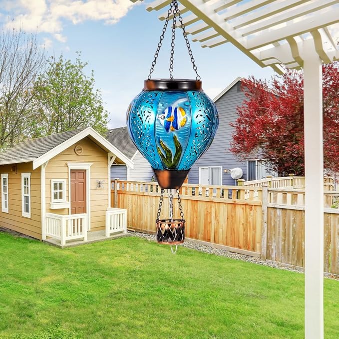 Blue Fish Hot Air Balloon Solar Lantern with Flickering Flame Hanging Solar Lanterns Outdoor Waterproof,LED Metal Hot Air Balloon Lights for Patio Yard Garden Decor,Mother Day Gifts for Women