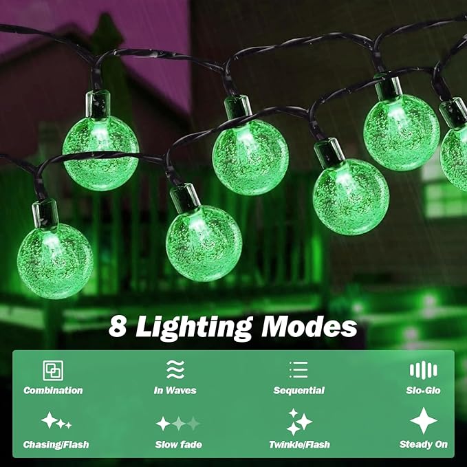 Solar Lights Outdoor Waterproof, 2 Pack Total 120LED 72FT Solar String Lights for Outside w/ 8 Modes, Outdoor String Lights Crystal Globe Patio Lights for Garden Yard Party Decor (Green)