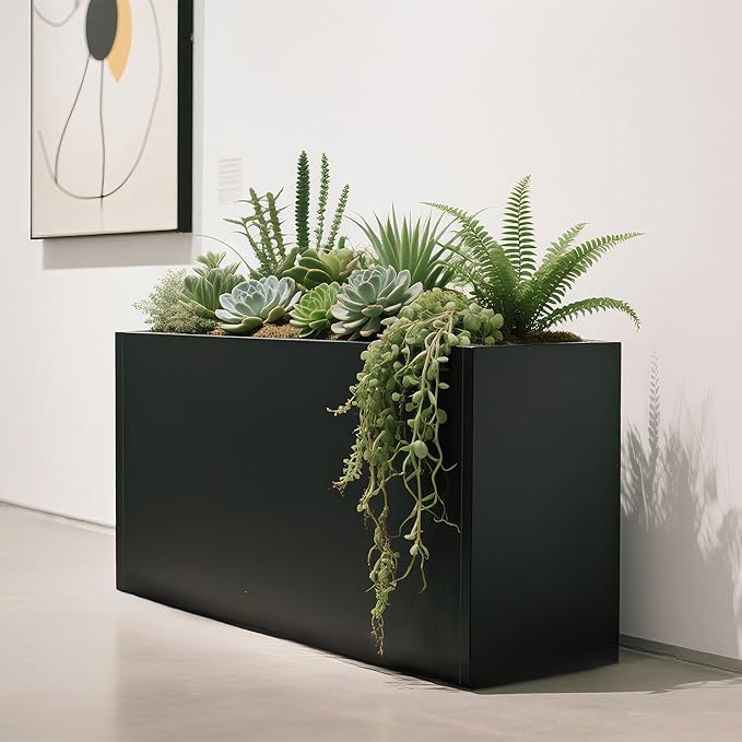 GSK Black Metal Planter Versatile Box with Drainage Holes Galvanized Painted Iron Flower Boxes for Indoor Outdoor Use Ideal Patio Balcony Garden Elevated Plant Bed