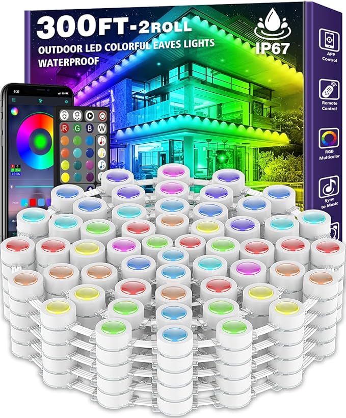 300FT Permanent Outdoor RGB Lights,IP67 Waterproof Smart LED Eaves Lights with App/Remote Control,for Christmas and All Holiday Decor,Daily and Accent Lighting,House Roof and Garden Lighting