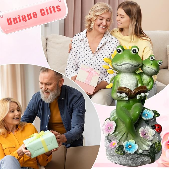 Frog Garden Statue,Frog Garden Decor,Solar Frog Statue Sitting on a Stone Reading a Book with 5 LEDs for Lawn Patio Yard Porch Decoration, Outdoor Garden Decor, yijiayi-008