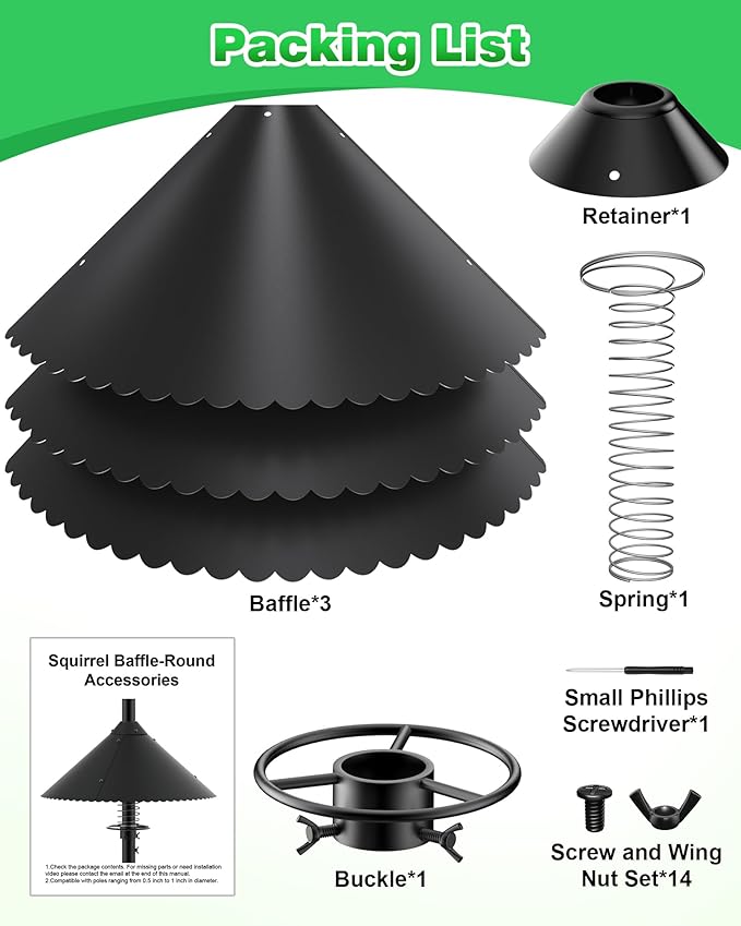 Metal Squirrel Baffle - Heavy Duty Squirrel Baffle for Bird Feeder Pole - Chew Proof Squirres Guard with Spring for Better Defense, Outside Pole Mount for Bird Feeder, 19 Inch