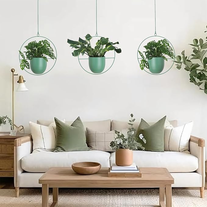 Hanging Planters 2 Pack Boho Mid Century Hanging Plants Hangers Metal Wall Ceiling Flower Pot Indoor Outdoor Vine Holder Room and Window Decor(Green)