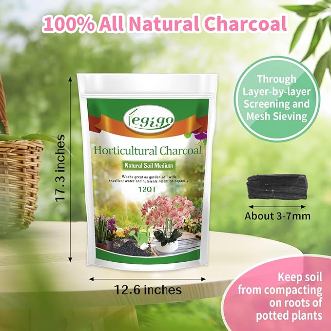 Legigo 12QT All Natural Horticultural Charcoal- Activated Hardwood Plant Charcoal for Soil Amendment, Conditioning Bonsai Soil, Succulent Soil, Terrarium Supplies, Indoor Plant Potting Soil