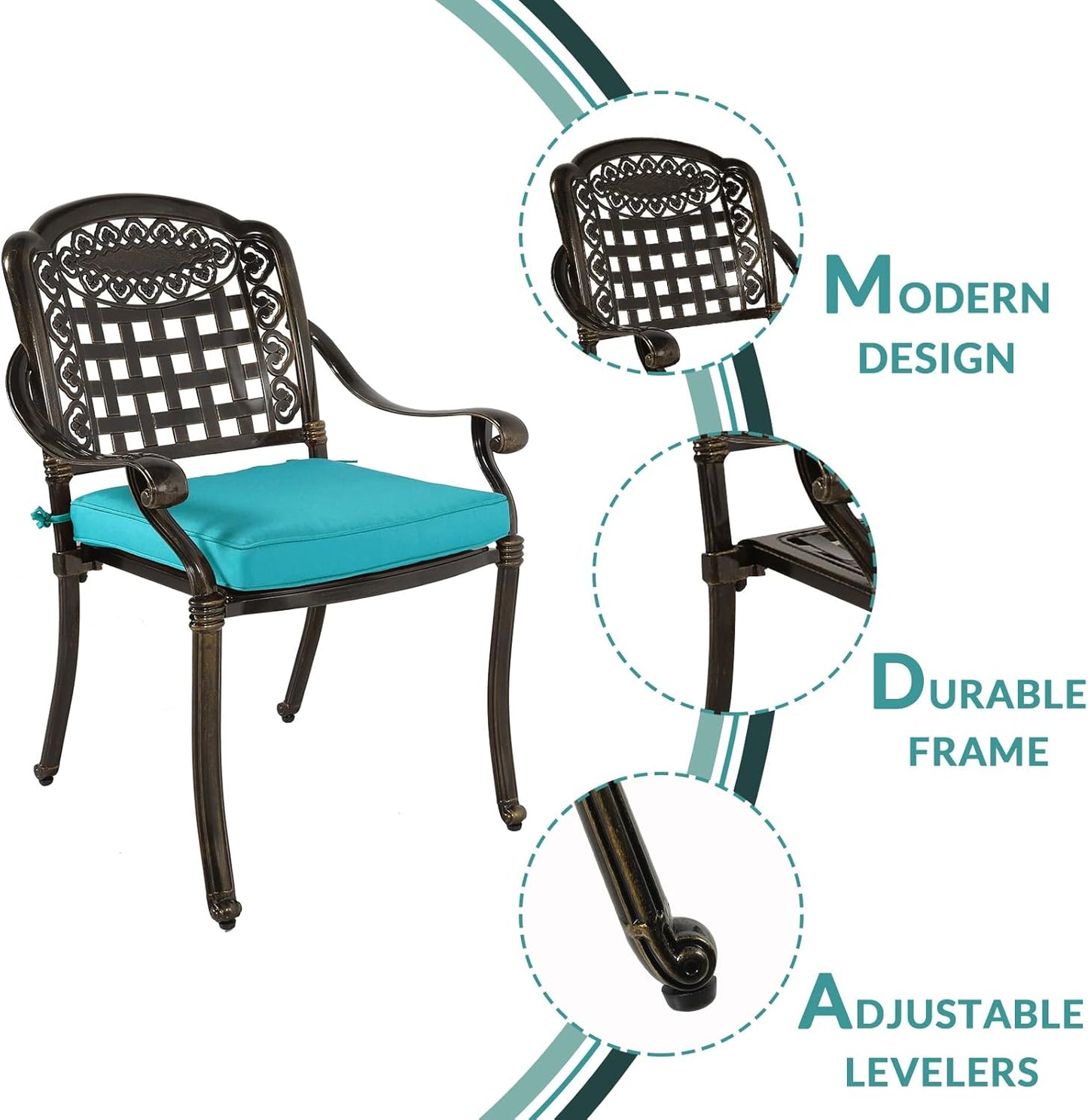 MEETWARM 3 Piece Patio Bistro Set, Outdoor All-Weather Cast Aluminum Dining Furniture Set Includes 2 Chairs with Cushions and a 35.4” Round Table with Umbrella Hole for Garden Deck, Ocean Blue