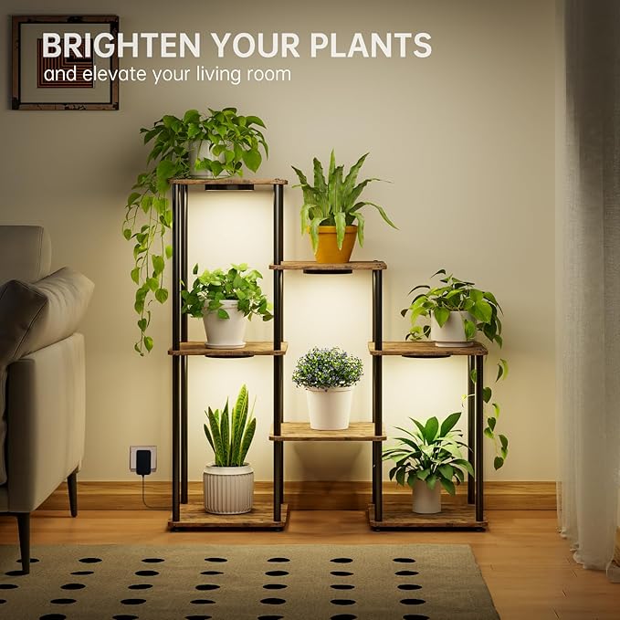 Plant Stand Indoor with Grow Light, 33" High Indoor Plant Shelf, 7 Tier Flower Stand with Plant Light Full Spectrum, Metal Plant Holder with Light, laddered Plant Rack for Home, Corner