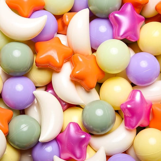 GOGOSO Ball Pit Balls Stars Moon Shapes Plastic Pitballs for Toddler Play Tent Baby Photo Props Kids Pool Water Toys Kiddie Pool Party Decor,Orange Green Purple,100pcs