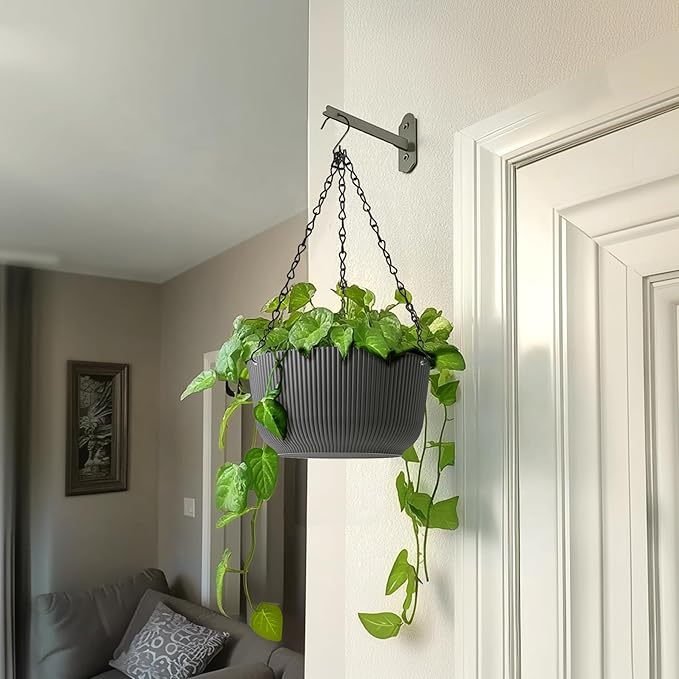 T4U 10 Inch Hanging Planters for Indoor Outdoor Plants, Hanging Plant Pot Pack of 2, Self Watering Hanging Pots with Drainage Hole & Plug & Chain with 3 Hooks for Garden Home Decor, Grey